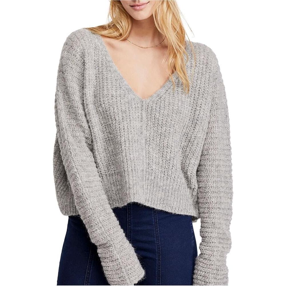 Free People Women's Moonbeam V Alpaca Blend Knit Oversize Sweater Gray Size S